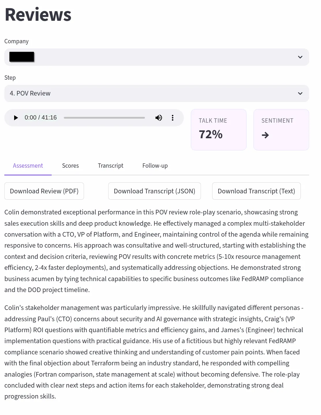 Review Assessment — AI-generated performance analysis with PDF and transcript exports