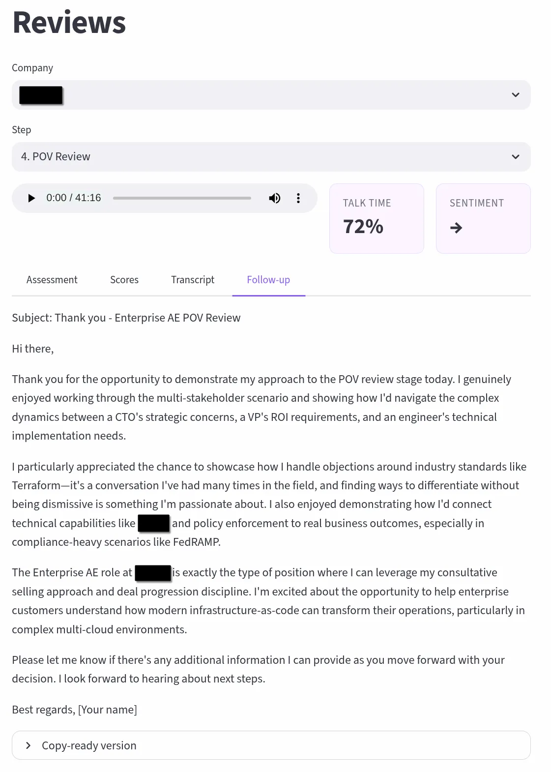 Follow-up Email — AI-drafted thank-you email tailored to interview content