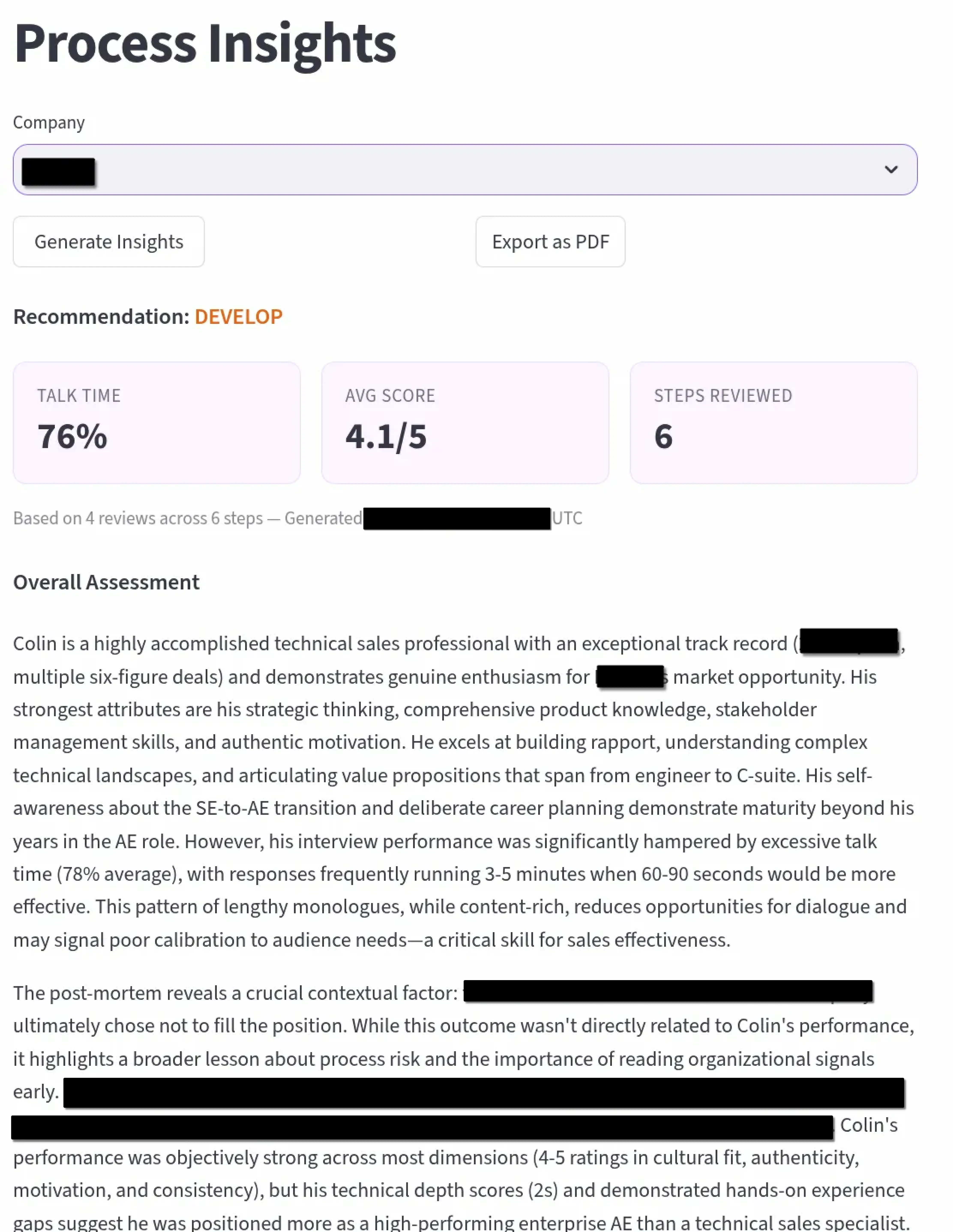 Process Insights — advance/develop/pass recommendation with dimension scores and coaching