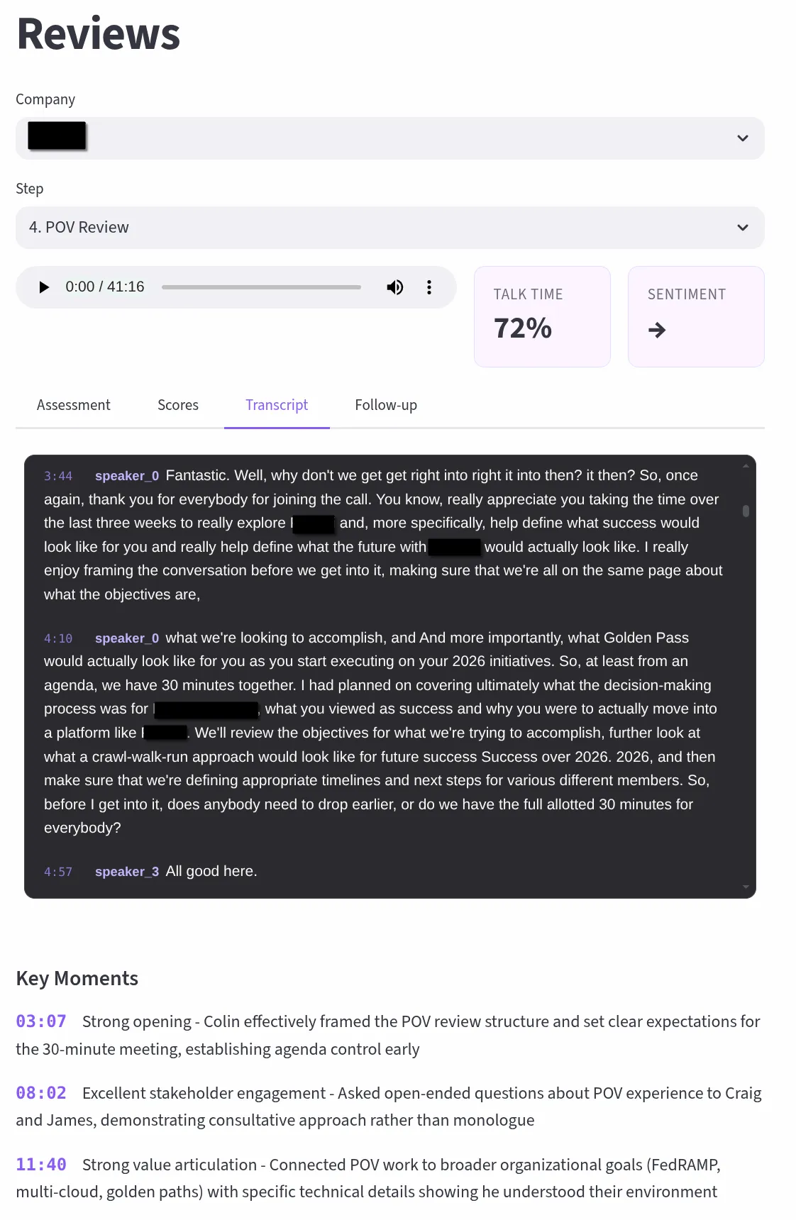 Transcript Playback — diarized audio with speaker labels, timestamps, and key moments